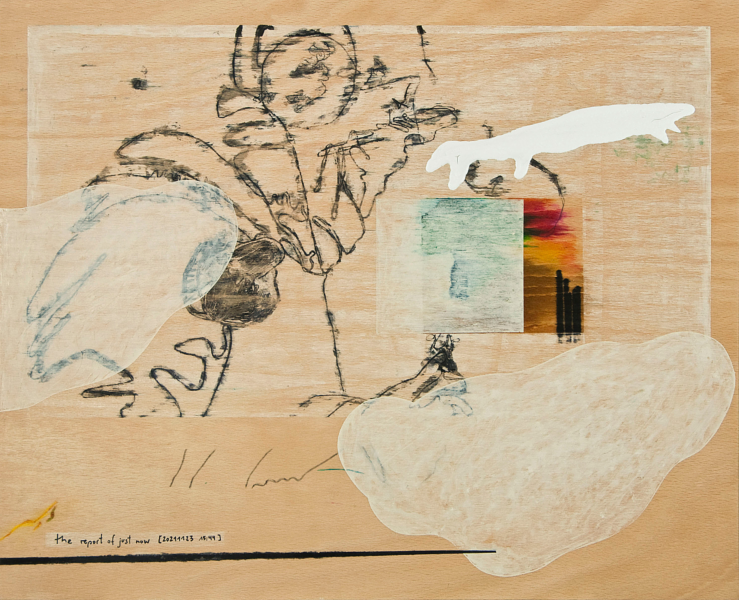Wolfgang Kschwendt: "The report of just now", mixed media on wood, 50 x 40 x 3 cm, 2022