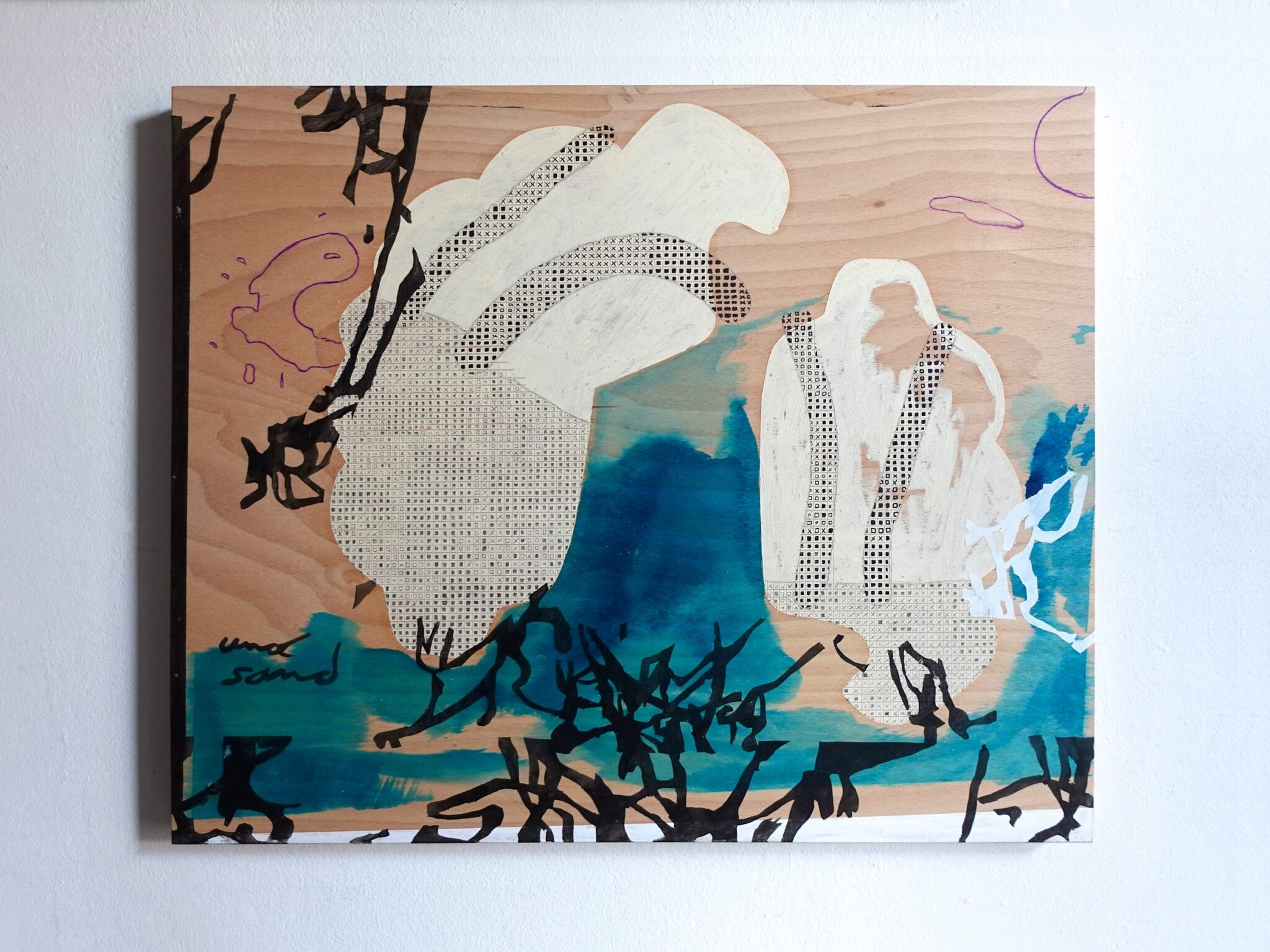 Bild von Wolfgang Kschwendt: „Tänzer 2 (und sand)“, mixed media on wood, 60 x 50 x 3 cm, 2022