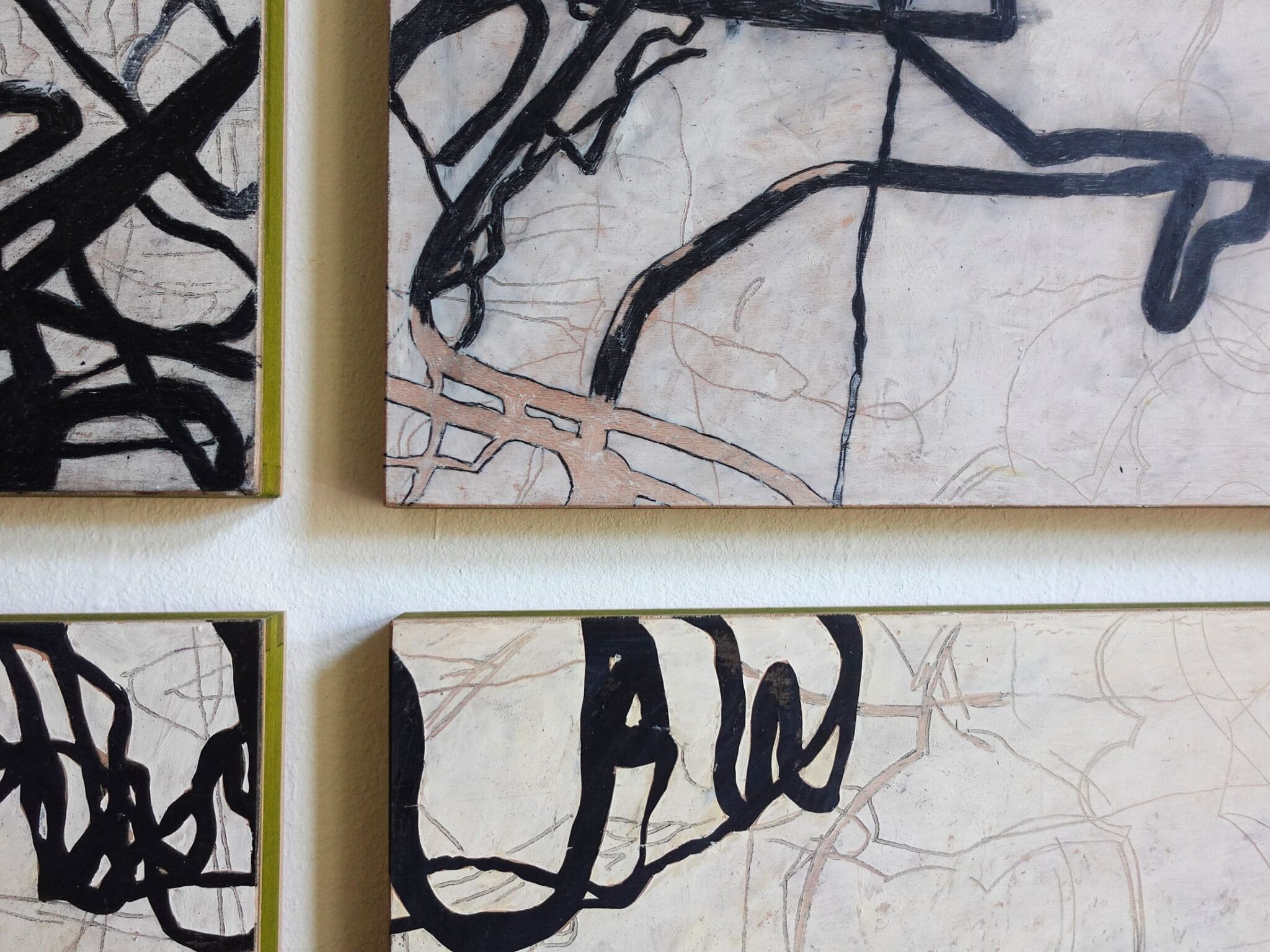 Painting by Wolfgang Kschwendt (Detail): „Feldschr“, mixed media on wood, 4 parts, each 50 x 40 x 3 cm, 2024