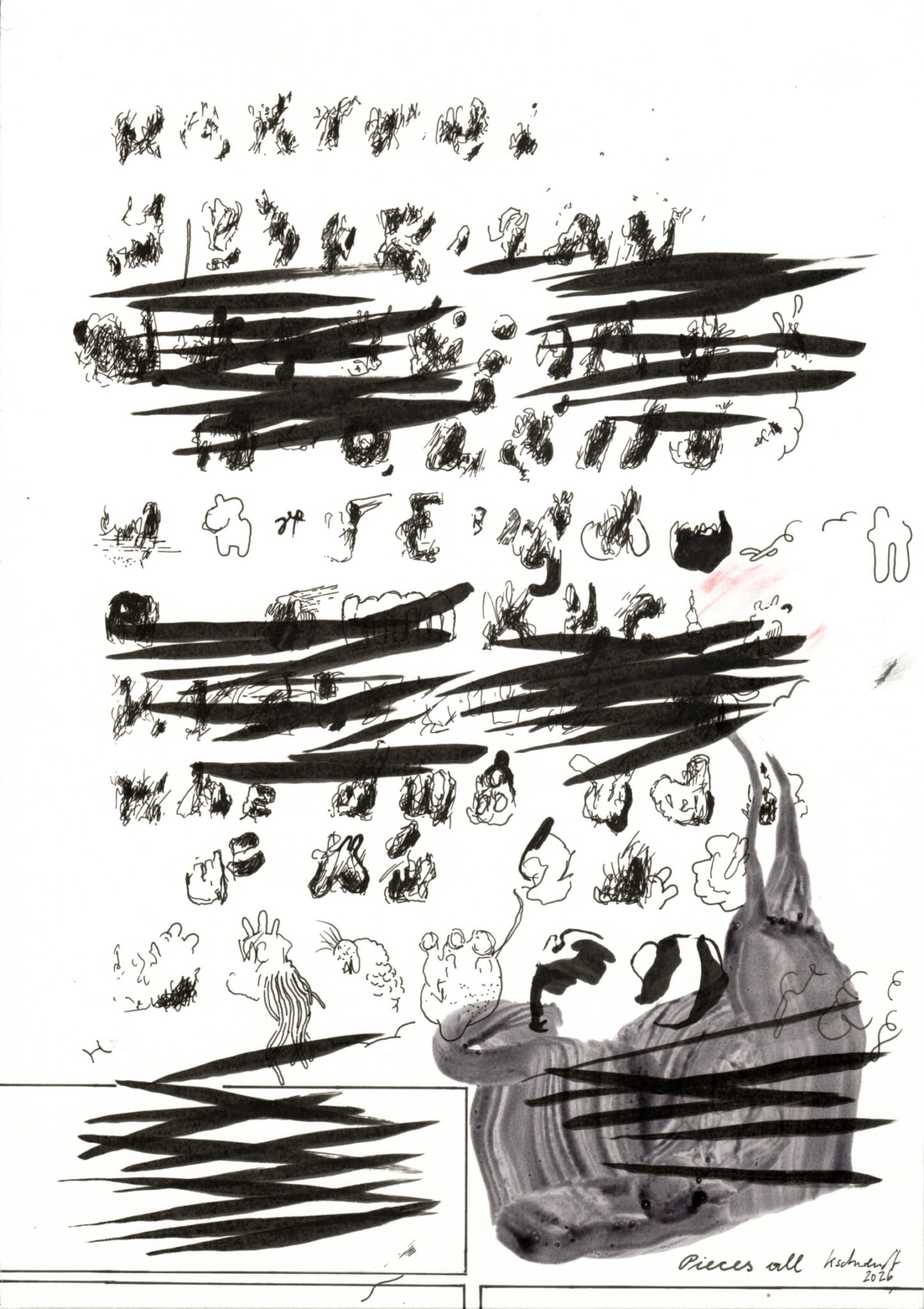 Picture by Wolfgang Kschwendt: „Pieces all“, mixed media on 615g cardboard, DINA4, 2025